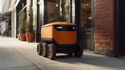 This robotic delivery moves along a sidewalk, ready for last-mile deliveries in daylight.