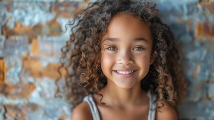 Close-up of a smiling girl with curly hair against a brick wall