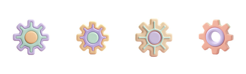 Pastel gears arranged in a row. Colorful settings, cute machinery, cogwheel, settings, creative tools, gearwheels