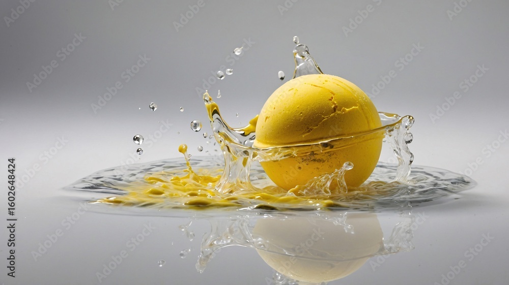 Poster a vibrant yellow bath bomb splashes in water, creating captivating patterns and droplets around it.