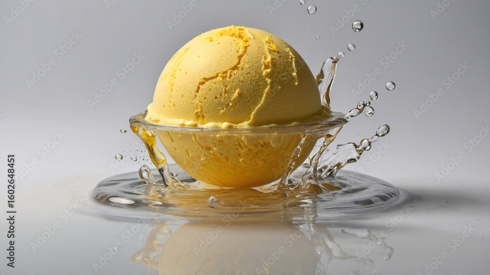 Aufkleber a close-up of a vibrant yellow ice cream scoop splashing into a pool of water, creating a dynamic an