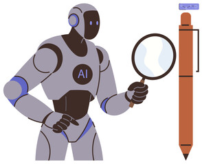 Robot with AI label holding magnifying glass examining pen, symbolizing analysis, precision, innovation, artificial intelligence, research, technology adoption. Ideal for education, tech business