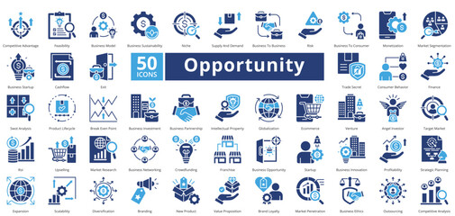 Opportunity icon set contains 50 icons including, competitive advantage, feasibility, business model, business sustainability, niche, supply and demand, simple vector two color style