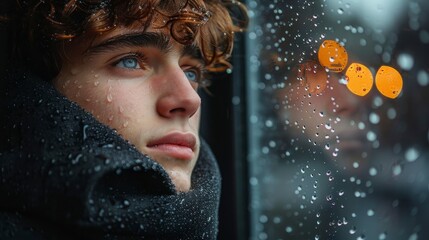 Close-up of thoughtful young man looking out rainy window