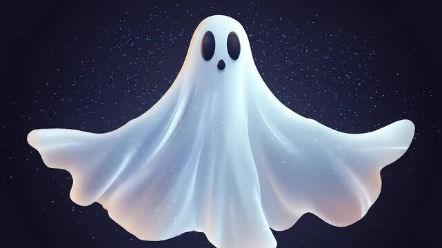 A translucent white ghost with dark eyes and mouth floats eerily in a sparkling dark night.