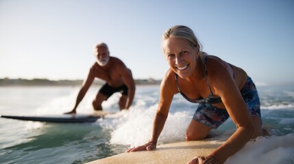 Elderly caucasian couple surfing on a sunny day at the beach.