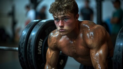 Close-up of a young man, sweating, lifting weights