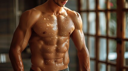 Close-up of a muscular man's torso, drenched in sweat after intense exercise