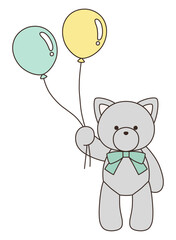 リボンをつけたかわいい猫のぬいぐるみのベクターイラスト。ねこ、アイコン、風船