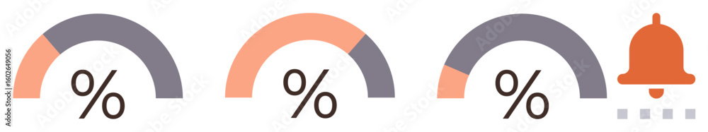 Poster three semicircular progress bars showing percentages in varying stages alongside a notification bell