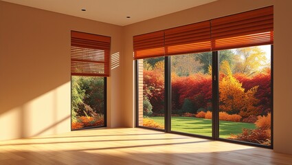 Obraz premium Tranquil Home Space with Hardwood Floors and Large Openings Offering a Panoramic View of Brilliant Fall Trees
