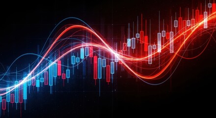 Dynamic financial market analysis with glowing red and blue candlestick charts and wavy lines illustrating volatility and trends