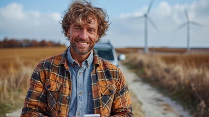Man in plaid shirt, smiling, holding phone, rural landscape