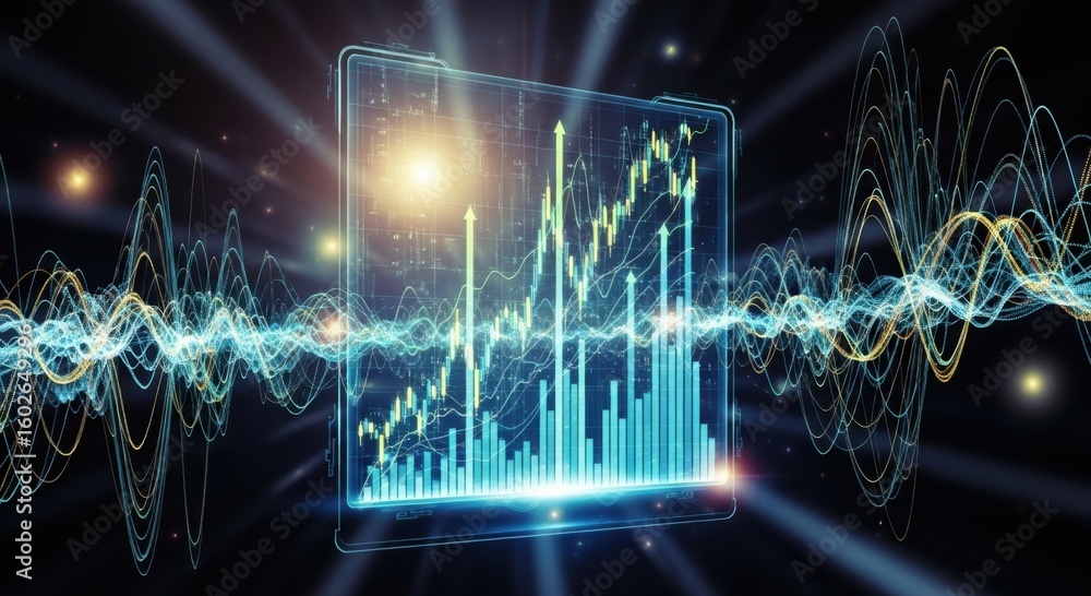 Aufkleber illuminated 3d bar chart and waveform data visualizations evoke financial growth and technological a
