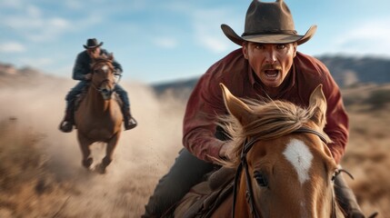 Caucasian male cowboys racing horses in dramatic desert chase