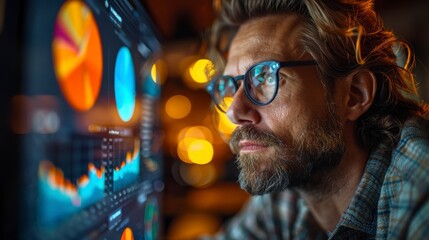 Focused man examines data on a glowing monitor at night