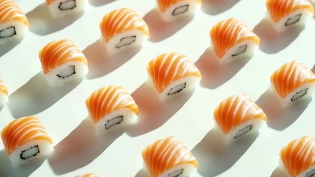 Fresh Japanese sushi roll with salmon topping arranged in diagonal rows on white surface, showcasing raw fish, seafood, and rice in appetizing pattern with soft shadows for delicious food lovers