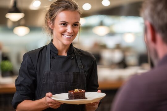 Female chef serving dessert in restaurant smiling at customer. - Powered by Adobe