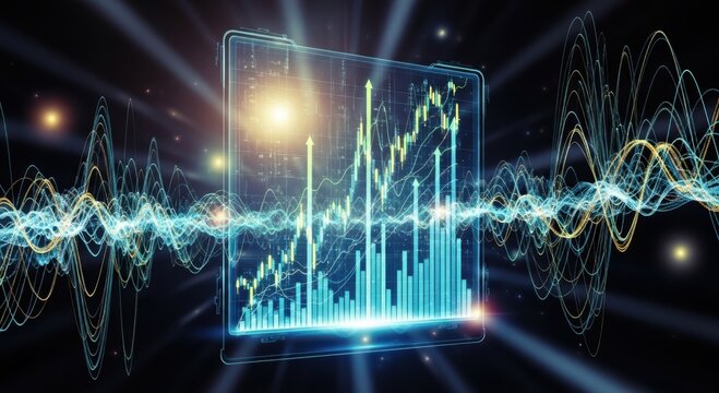 Illuminated 3d bar chart and waveform data visualizations evoke financial growth and technological advancement in a futuristic digital realm