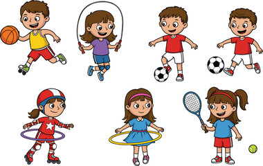 Cartoon children playing various sports, fun physical activities, fitness, teamwork, and exercise concept for kids, colorful vector illustration