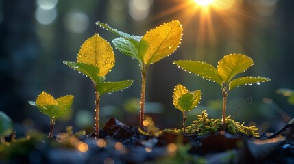 Young plants sprout from forest floor bathed in sunlight