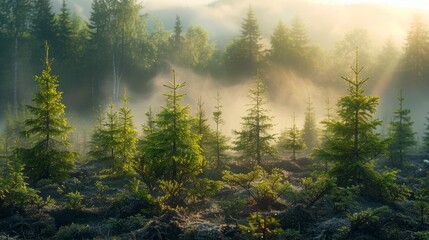 Misty forest at sunrise, young trees