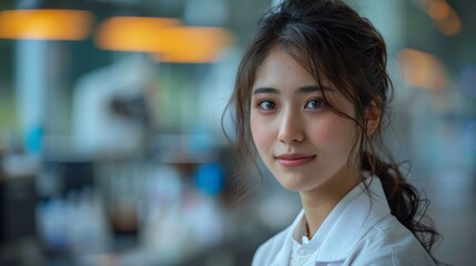 Young woman in lab coat, smiling