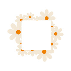Daisy flowers frame square, Beige floral border with orange centers and blank square, perfect for 70s style designs, cards, banner, posters, and social media posts, transparent background.