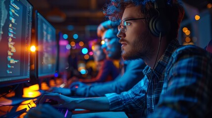 Focused programmers working late at night, illuminated by computer screens