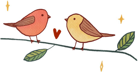 Watercolor illustration, PNG, cute birds on a branch