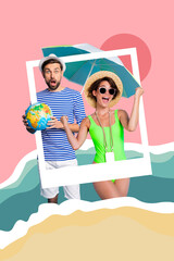 Composite sketch design artwork 3D photo collage of young lady man sunglass smile photo frame globe...