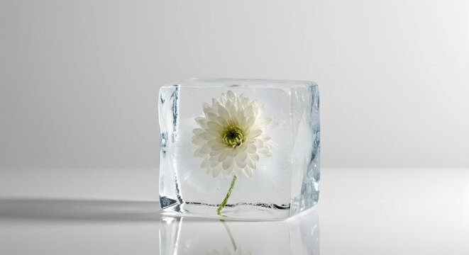 A single white gerbera daisy is frozen inside a clear ice cube, casting a soft shadow on a white surface. - Powered by Adobe