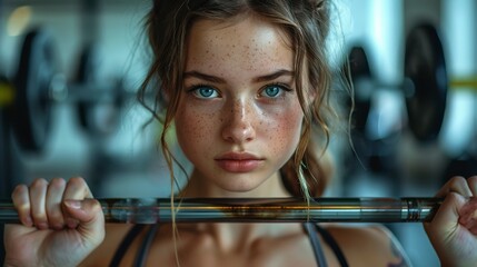 Close-up of woman holding barbell in gym