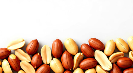 Assorted Shelled Peanuts Scattered on a Light Gray Surface with Copy Space food