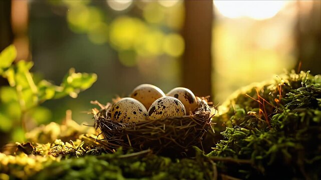 A bird's nest with speckled eggs on moss bathed in sunlight