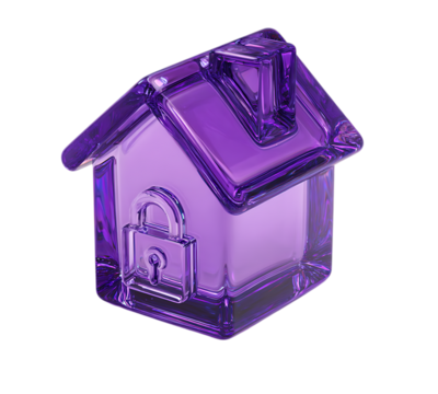 3D icon of a house with a lock, with a purple gradient, made of frosted glass material, conveying a sense of transparent technology, in a futuristic style.