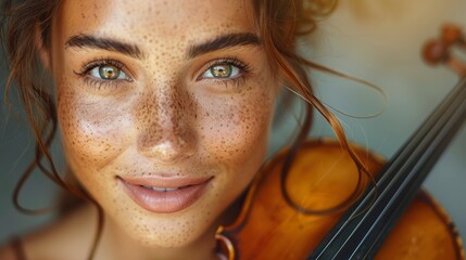 Close-up of a woman with freckles holding a violin
