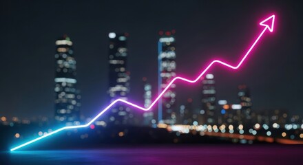 Vibrant neon graph line ascends sharply against a blurred city skyline at night symbolizing financial growth and upward economic trends