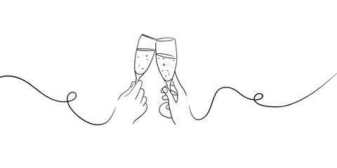 Continuous line champagne cheers one line art, continuous drawing contour. Hands toasting minimal with wine glasses with drinks. Cheers toast festive decoration for holidays. Vector illustration	