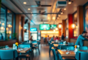 Soft-focus background of bustling restaurant interior, blurred tables and chairs, space, interior
