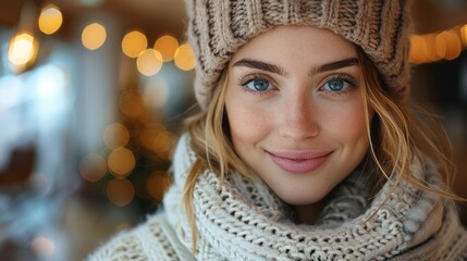 Close-up of a woman wearing a warm knit hat and scarf, smiling warmly.  Blurred holiday lights in the background