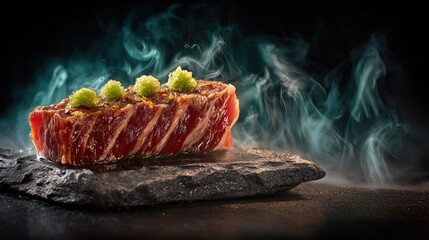 Cold smoked raw meat styled with minimal garnish and moisture mist