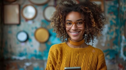 Smiling woman with curly hair, glasses, and a mustard yellow sweater