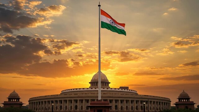 Waving Flag and Building at Dramatic Golden Sky Background