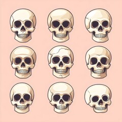 Collection of Stylized Human Skulls on Pink Background
