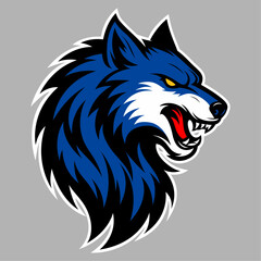 Fierce blue wolf head mascot logo with aggressive expression and sharp fangs.