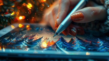 Digital art creation. Christmas-themed painting on tablet