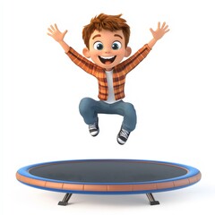 Happy Cartoon Boy Jumping on a Trampoline