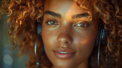 Close-up of a woman with curly hair, headphones, and a serene expression