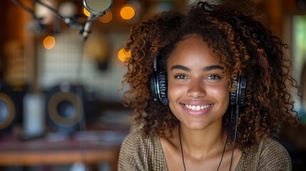 Young woman with headphones in recording studio